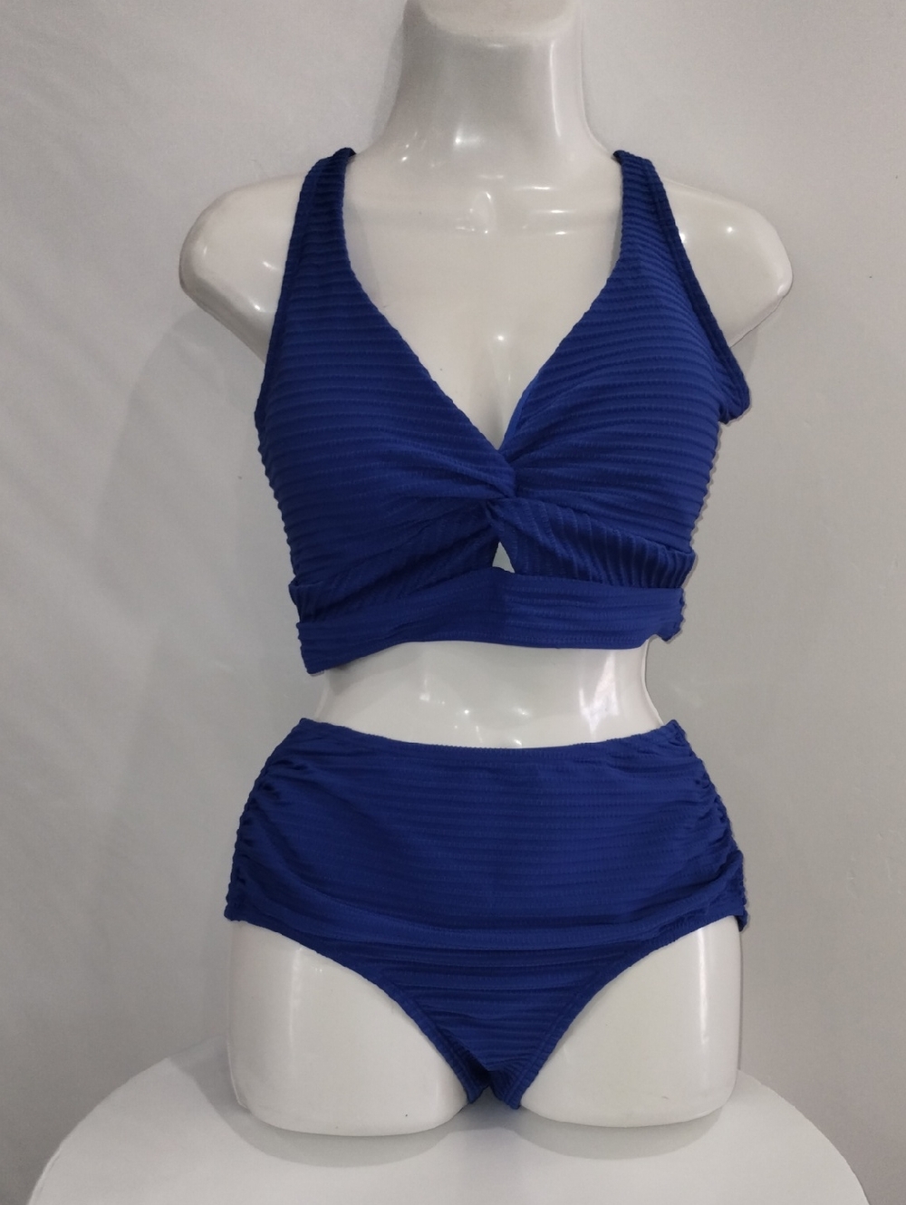 High-Waist Textured Blue Women's Swim Set